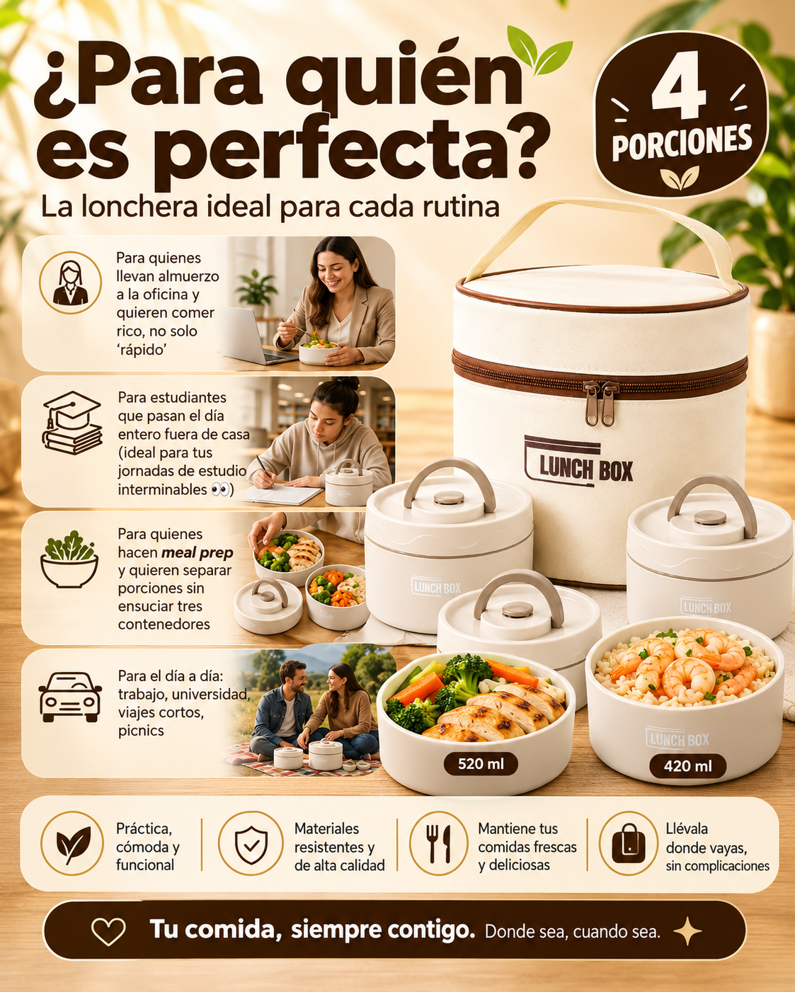 Lonchera Térmica Premium con Forro Aislante + 4 Porciones