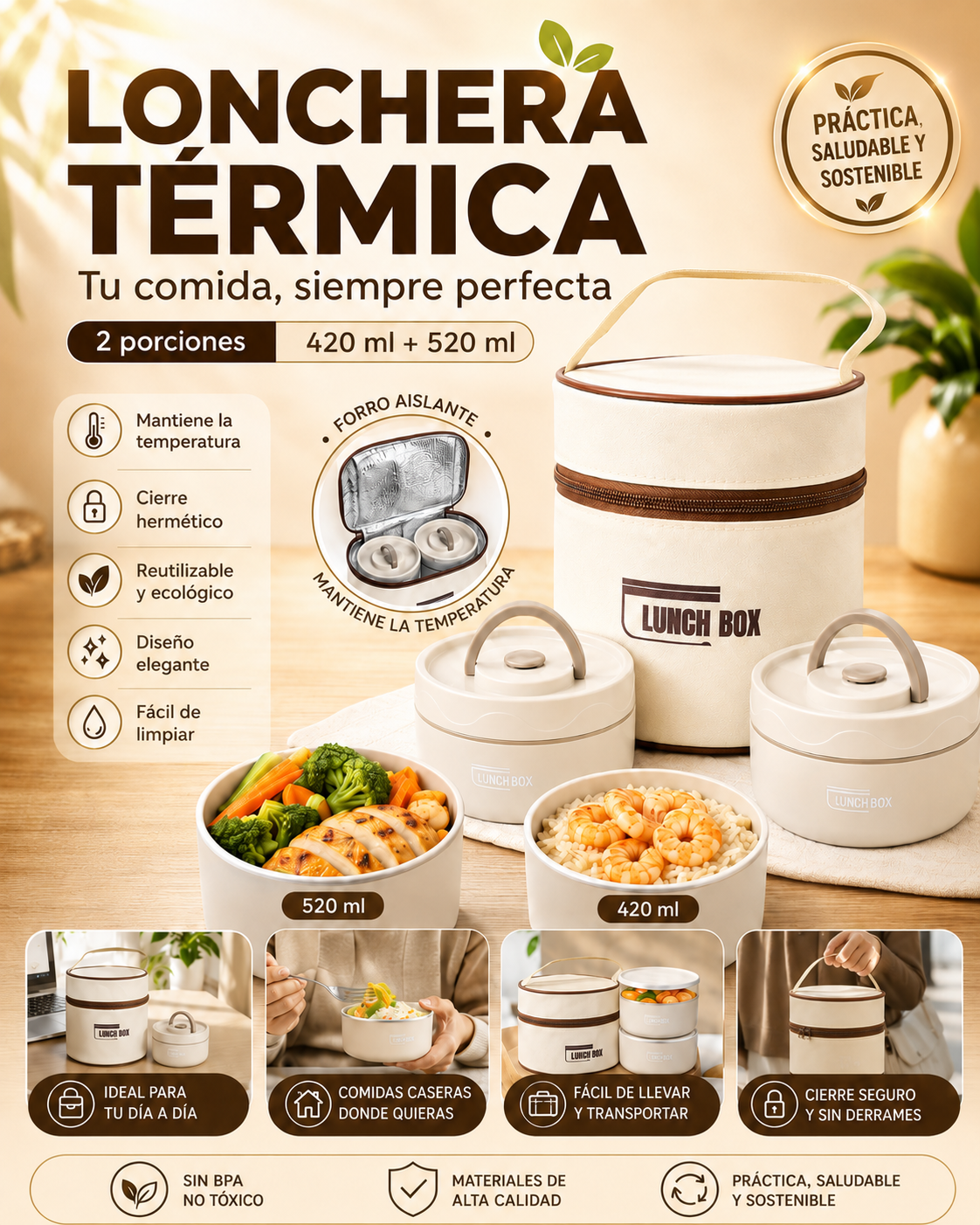 Lonchera Térmica Premium con Forro Aislante + 2 Porciones (420ml/520ml)