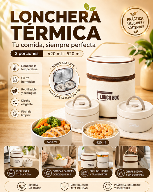 Lonchera Térmica Premium con Forro Aislante + 2 Porciones (420ml/520ml)