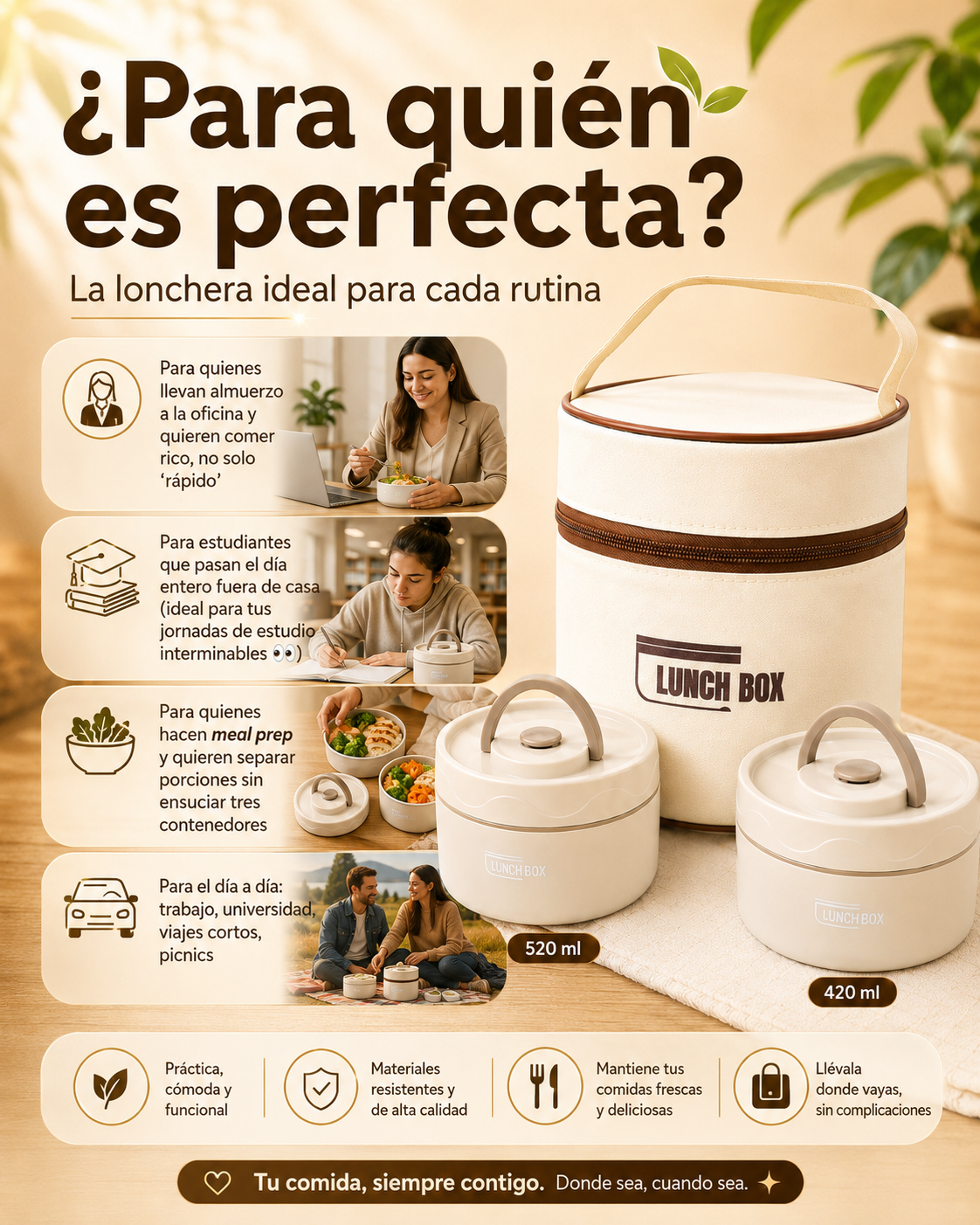 Lonchera Térmica Premium con Forro Aislante + 2 Porciones (420ml/520ml)