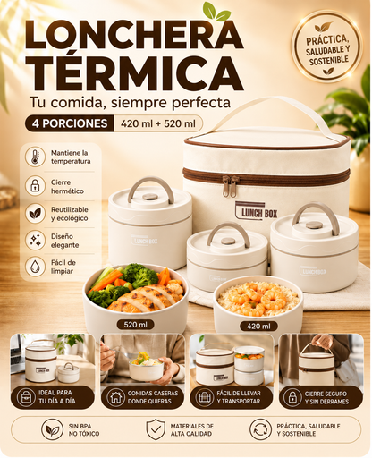 Lonchera Térmica Premium con Forro Aislante + 4 Porciones